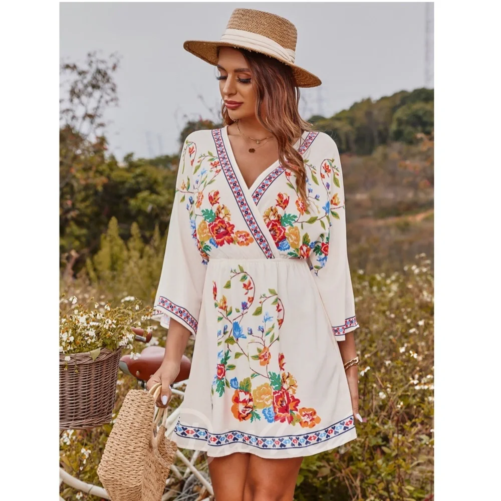 Cream Floral Print Bell Sleeve Folk Dress Short V-Neck - Picture 5 of 7